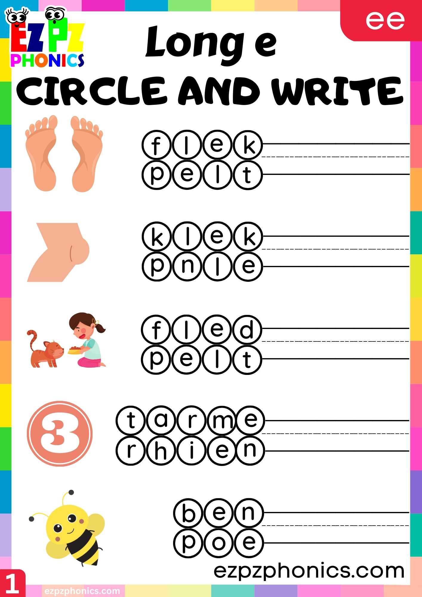 Group1 EE Words Circle And Write Long E Phonics Worksheet